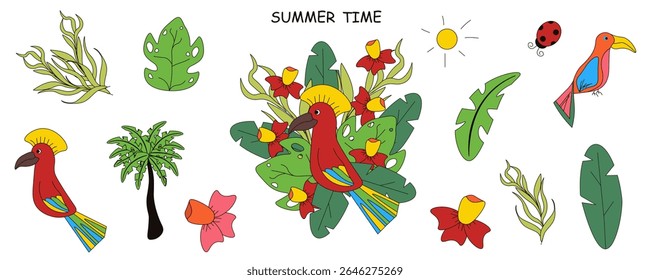 Coleção vetorial de pássaros adoráveis e plantas de verão isoladas transparentes. Conjunto de tucano, papagaio, joaninha, sol, folhas de palmeira. Ideal para impressões infantis, arte infantil, cartaz, adesivos, impressão de capa de cartão. 