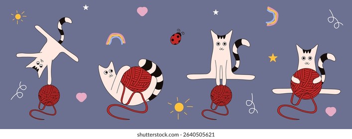 Vector collection of adorable cats and simple element. Set of cat with red ball of thread. Ideal for kids prints, nursery art, poster, stickers, card cover print. EPS 10