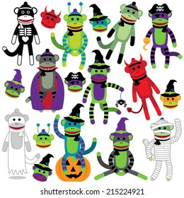 Vector Collection of Adorable Halloween Themed Sock Monkeys