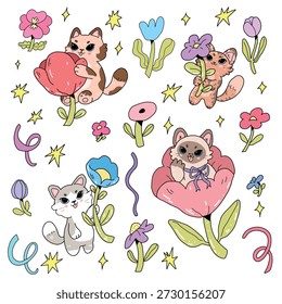 Vector collection of adorable stickers featuring cute cats in flowers and stars. Playful poses, lolling tongues and charming facial expressions create a cozy mood.