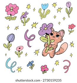 Vector collection of adorable stickers featuring a cute red cat holding a flower in its paws on a background of flowers and stars. Charming facial expressions create a cozy mood.
