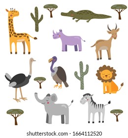 Vector collection with african animals. Illustration with cute animals for children. Elephant, giraffe, lion, zebra, rhino, ostrich, crocodile, vulture, antelope.