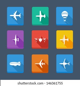 Vector collection airplane and gray silhouettes. Set icons