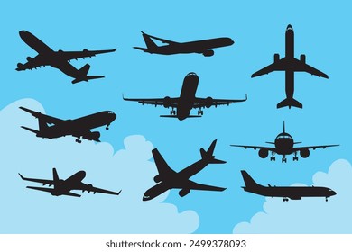 Vektorgrafik von Flugzeug-Silhouetten auf blauem Himmelhintergrund