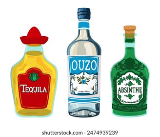 Vector collection of alcohol drinks. Bottles isolated on white background. Tequila, ouzo, absinthe.