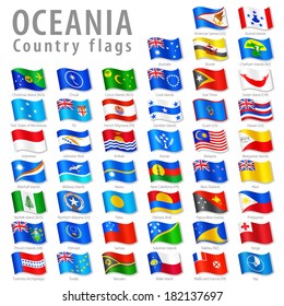 Vector Collection of all Oceanic National Flags, in simulated 3 D waving position, with names and grey shadow. Every Flag is isolated on its own layer with proper naming.