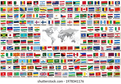 Vector collection of all world flags arranged in alphabetical order. World map with countries names and borders