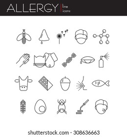 Vector collection allergy. Set linear style. Abstract illustration of allergen, symptoms, causes  the disease.