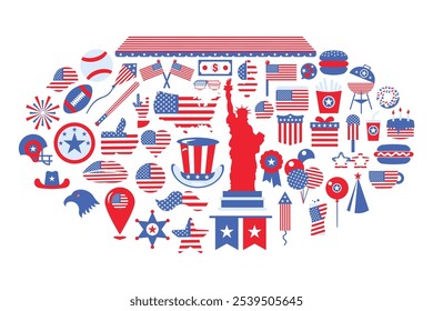 Vector collection of American flag-themed icons, all set against a backdrop of grey. Objects that are associated with America, such as a baseball equipment, a hot dog, and a hamburger ,representing