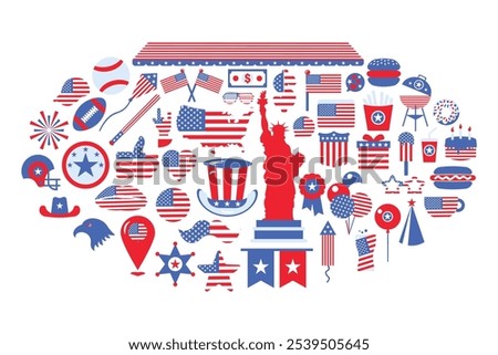 Vector collection of American flag-themed icons, all set against a backdrop of grey. Objects that are associated with America, such as a baseball equipment, a hot dog, and a hamburger ,representing