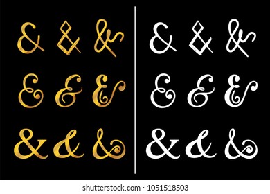 Vector collection of ampersands of different shapes in two variants of white and gold colors.