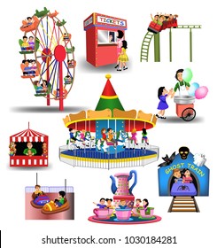 Vector collection of amusement park or fun fair icons and clip arts isolated on a white background