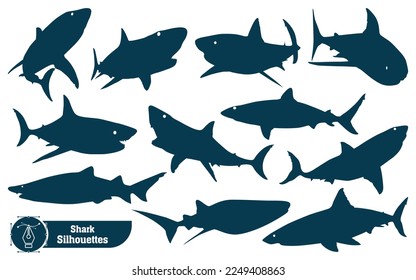 Colección vectorial de silueta de tiburón animal en diferentes poses