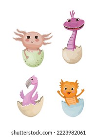 Vector collection of animals in eggshell. Colorful children's illustrations.
