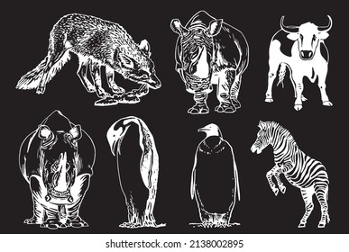 Vector collection of animals isolated on black,graphical  engraved elements