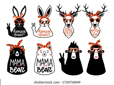 Vector collection with animals and lettering phrases. Bear, monkeys, deers and rabbits. Funny black, red and white typography set, apparel print design templates