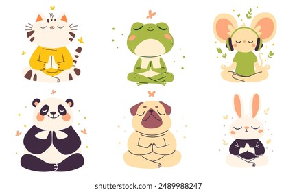 Vector collection of animals in lotus pose. Pug, panda, rabbit, mouse, cat and frog in lotus pose meditating 