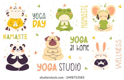 Vector collection of animals in lotus pose. Pug, panda, rabbit, mouse, cat and frog in lotus pose meditating, yoga lettering