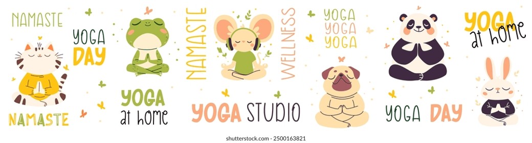 Vector collection of animals in lotus pose. Pug, panda, rabbit, mouse, cat and frog in lotus pose meditating, yoga lettering