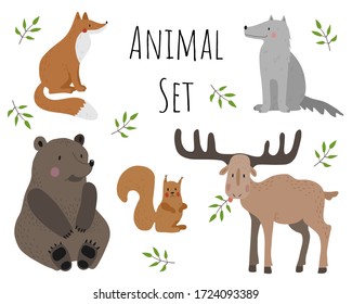 Vector collection with animals on a white background. Illustration with cute animals for children. Red fox, wolf, brown bear, squirrel, moose.