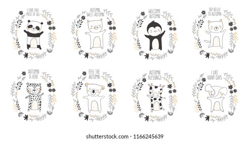 Vector collection with animals surrounded by a plant wreath with autumn slogan. Thanksgiving day, anniversary, baby shower, birthday, children's party, autumn holidays