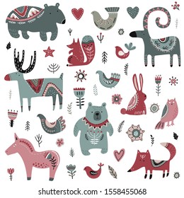 Vector collection of animals and winter elements in scandinavian style. Beautiful northern ornamental Christmas simbols