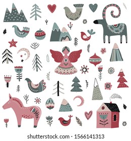 Vector collection of animals and winter elements in scandinavian style. Beautiful northern ornamental Christmas simbols