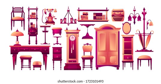 Vector collection of antique furniture for creating the interior of an office at home or in an office, isolated on a white background mahogany color