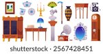 Vector collection of antique retro art, furniture and tableware. Vintage goods of antique shop. Historical items: cupboard, table, mirror, clock and gramophone and others. Isolated background.