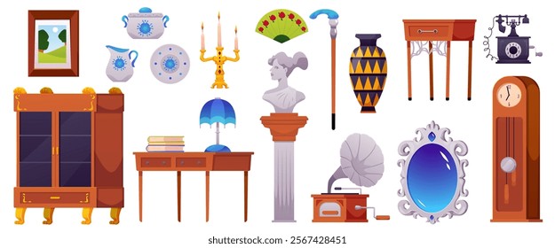 Vector collection of antique retro art, furniture and tableware. Vintage goods of antique shop. Historical items: cupboard, table, mirror, clock and gramophone and others. Isolated background.