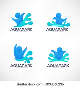 vector collection of aqua park and swimming actions logo, emblem and symbols
