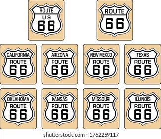 Vector collection art of Route 66 shield logos with name of USA states.