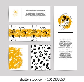 Vector collection of artistic cards with coffee emblems & logo, hand drawn coffee beans & seeds, textures & patterns. Coffee company shop insignia design.