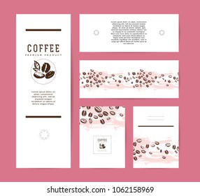 Vector collection of artistic cards with coffee emblems & logo, hand drawn coffee beans & seeds, textures & patterns. Coffee company shop insignia design.