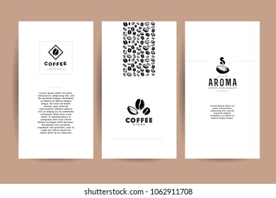 Vector collection of artistic cards with coffee emblems & logo, hand drawn coffee beans & seeds, textures & patterns. Coffee company shop insignia design.