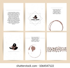 Vector collection of artistic cards with coffee emblems & logo, hand drawn coffee beans & seeds, textures & patterns. Coffee company shop insignia design.
