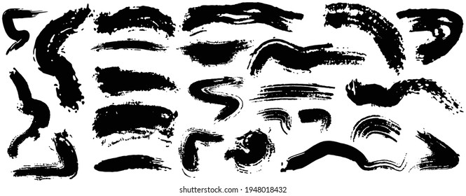 Vector collection of artistic grunge bend stroke. black paint, hand made creative brush stroke set. Isolated on white background. 