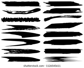 Vector collection of artistic grungy black paint hand made creative brush stroke set isolated on white background. A group of abstract grunge sketches for design education or graphic art decoration
