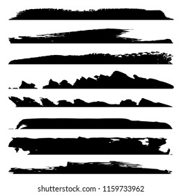 Coleção de vetor de mão de pintura preta grungy artística feita pincel criativo traçado conjunto isolado no fundo branco. Um grupo de esboços grunge abstratos para educação de design ou decoração de arte gráfica