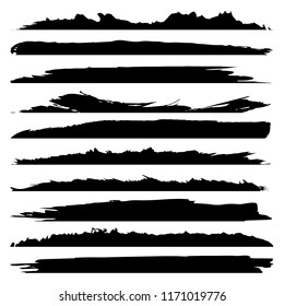 Vector collection of artistic grungy black paint hand made creative brush stroke set isolated on white background. A group of abstract grunge sketches for design education or graphic art decoration
