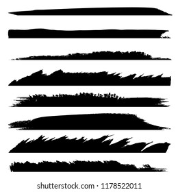 Vector collection of artistic grungy black paint hand made creative brush stroke set isolated on white background. A group of abstract grunge sketches for design education or graphic art decoration
