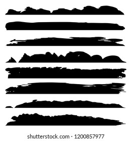 Collection vectorielle d'une peinture artistique grunge noir faite à la main, ensemble de coups de brosse créatifs isolés sur fond blanc. Groupe de croquis grunge abstrait pour l'éducation au design ou la décoration graphique