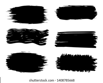 Collection vectorielle d'une peinture artistique grunge noir faite à la main, ensemble de coups de brosse créatifs isolés sur fond blanc. Groupe de croquis grunge abstrait pour l'éducation au design ou la décoration graphique