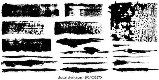 Vector collection of artistic grungy black paint hand made creative brush stroke set isolated on white background. 