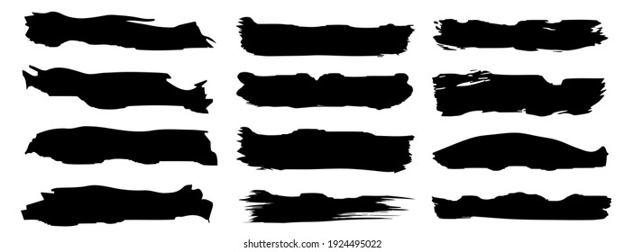 Vector collection of artistic grungy black paint hand made creative brush stroke set isolated on banner background. A group of abstract grunge sketches for design education or graphic art decoration