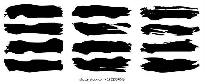Vector collection of artistic grungy black paint hand made creative brush stroke set isolated on banner background. A group of abstract grunge sketches for design education or graphic art decoration