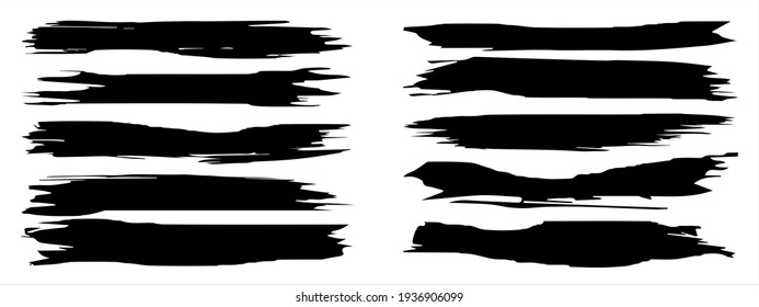 Vector collection of artistic grungy black paint hand made creative brush stroke set isolated on banner background. A group of abstract grunge sketches for design education or graphic art decoration