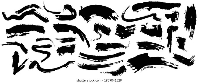 Vector collection of artistic grungy black paint hand made creative brush stroke set isolated on white background. 