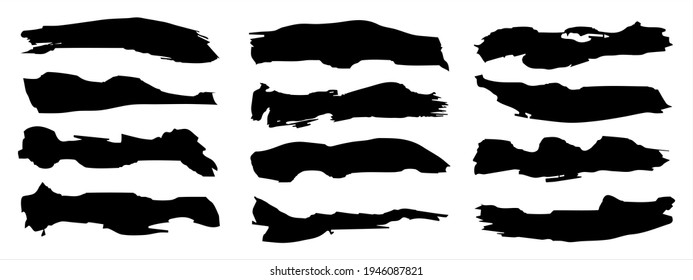 Vector collection of artistic grungy black paint hand made creative brush stroke set isolated on banner background. A group of abstract grunge sketches for design education or graphic art decoration