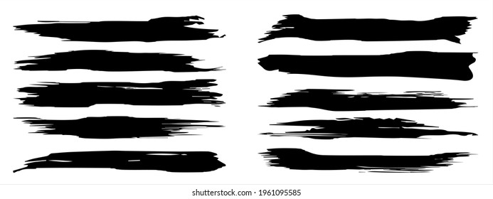 Vector collection of artistic grungy black paint hand made creative brush stroke set isolated on banner background. A group of abstract grunge sketches for design education or graphic art decoration